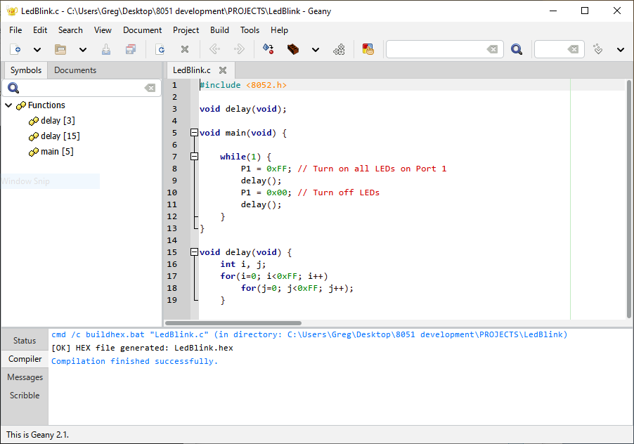 Geany compiler panel showing a successful hex build, ready for stcisp